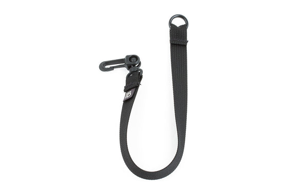 A 16-inch Black Key Strap with a snaphook at one end and an o-ring at the other.